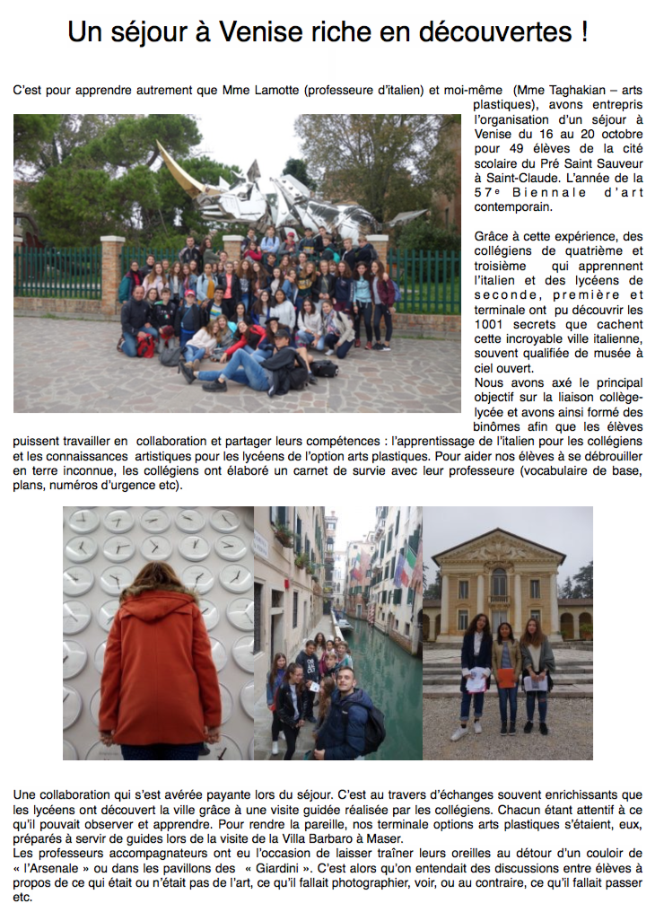 Les élèves de la cité scolaire de Saint-Claude découvrent Venise et la Biennale d’art contemporain