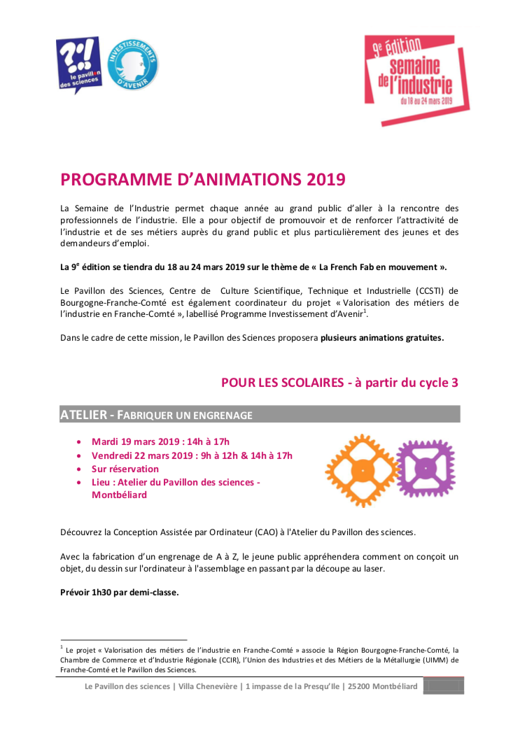Pavillon des sciences – Programme des animations dans le cadre de la Semaine de l’industrie du 18 au 24 mars 2019