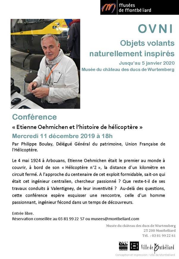 Conférence “Etienne Oehmichen et l’histoire de l’hélicoptère” – Mercredi 11 décembre 2019 – Musées de Montbéliard